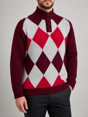 Andrea Fenzi Cashmere Argyle Mock Neck Sweater Made In Italy XL